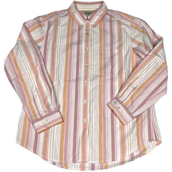 L.L. Bean Button Down Shirt Cotton White Pink Orange Striped Long Sleeve Women M - Picture 1 of 8